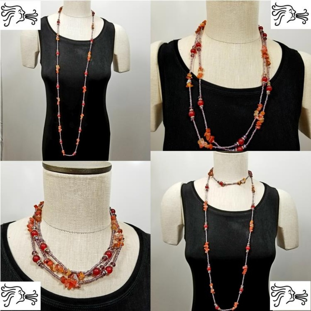 Carnelian Agate Necklace Seed Bead & Rhinestones